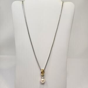 Liz Claiborne Faux Pearl Pendant Snake Chain Long Necklace Two Tone Layering New